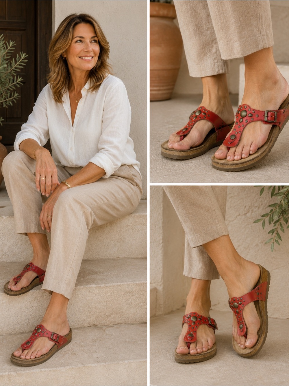 Naot Red Thong Sandals with Stud Accents